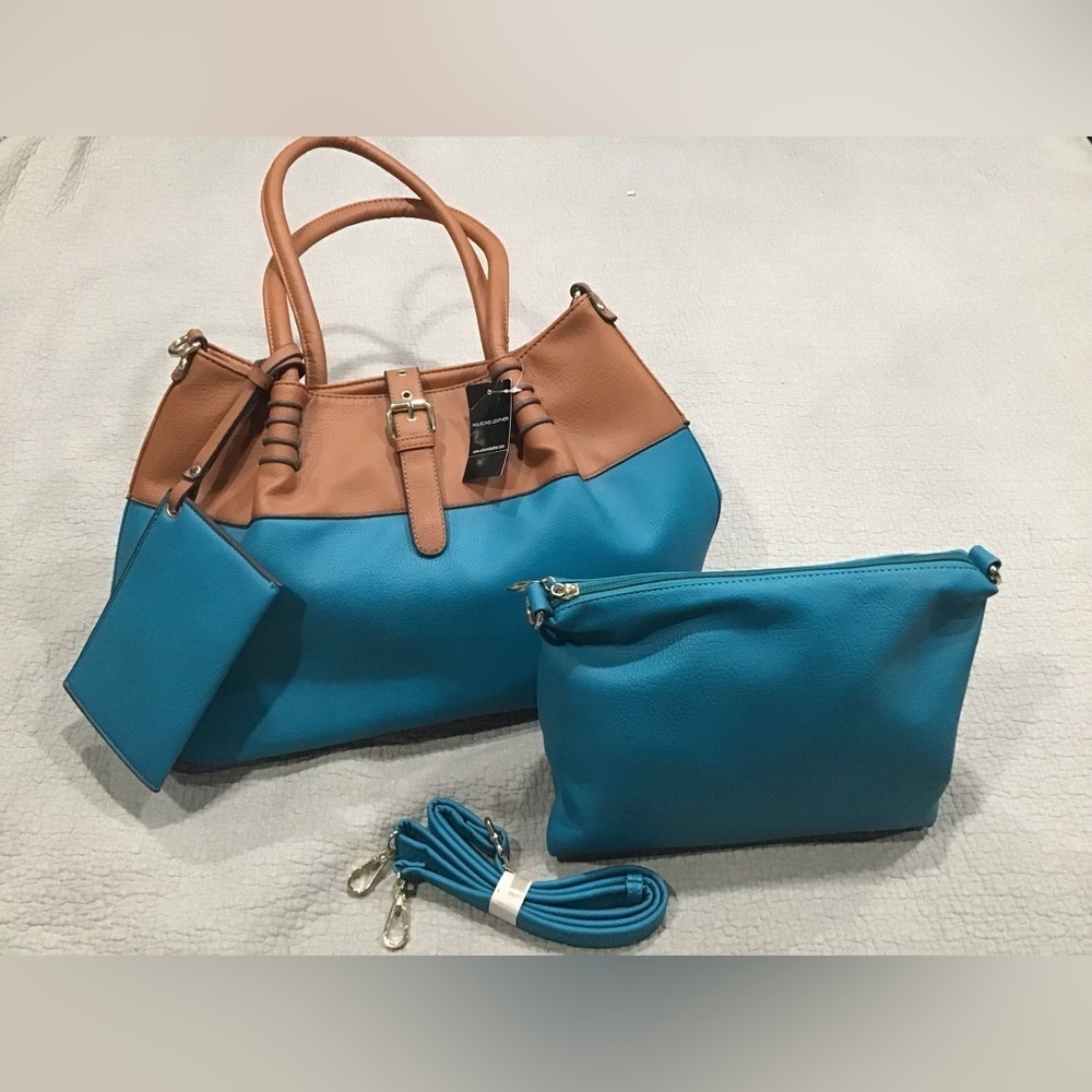 NWT Black Rivet 3-in-1 Handbag‎ Shoulder Tote Zipper Carry-All Turquoise & Brown